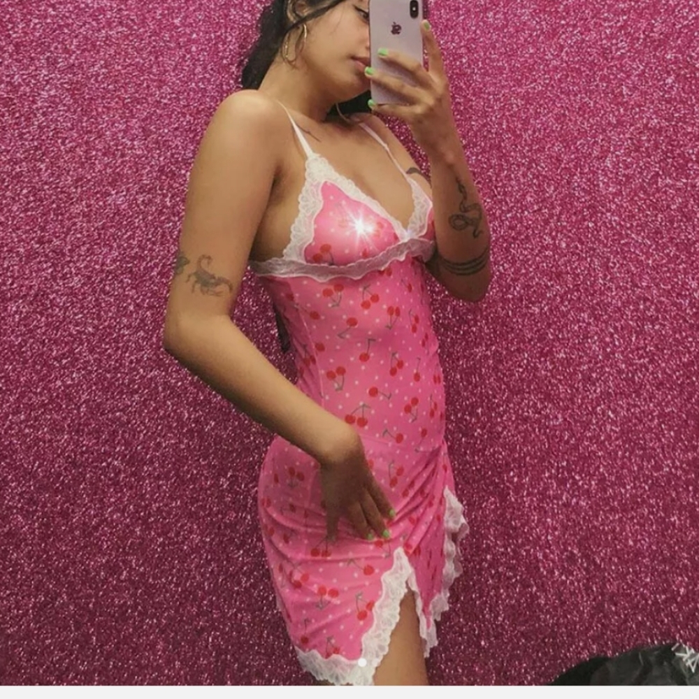 🍒 Pink Cherry & White Polka Dot Dress W/Lace (L) - Picture 4 of 10